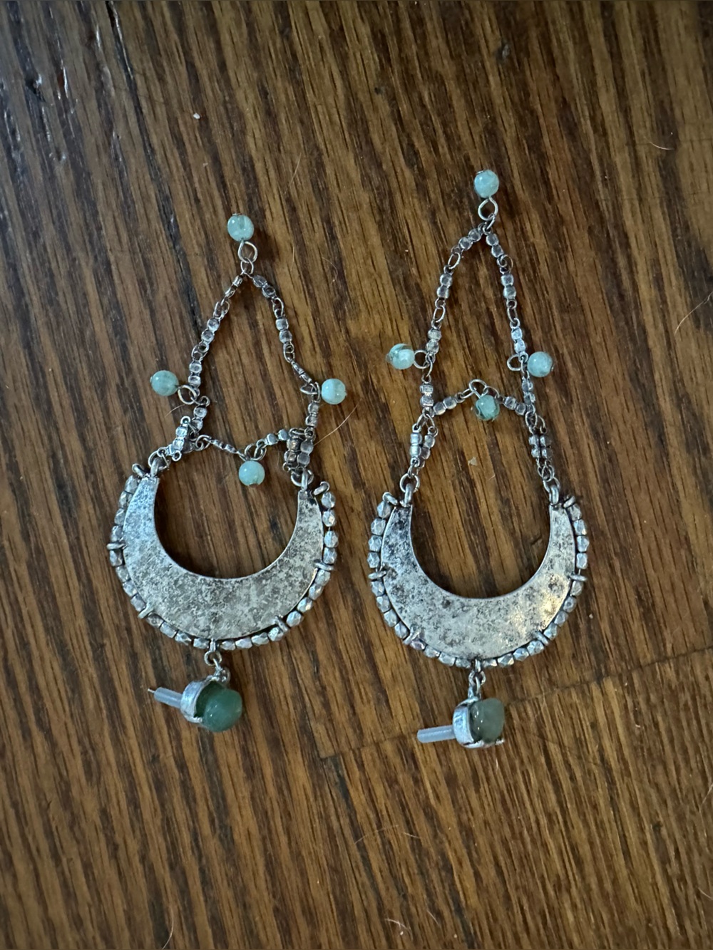 Silver Crescent Drop Earrings with Seafoam Beads